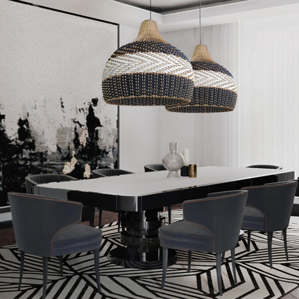 Kitchen Island Rattan Hanging Pendant Light Black and White Chandelier