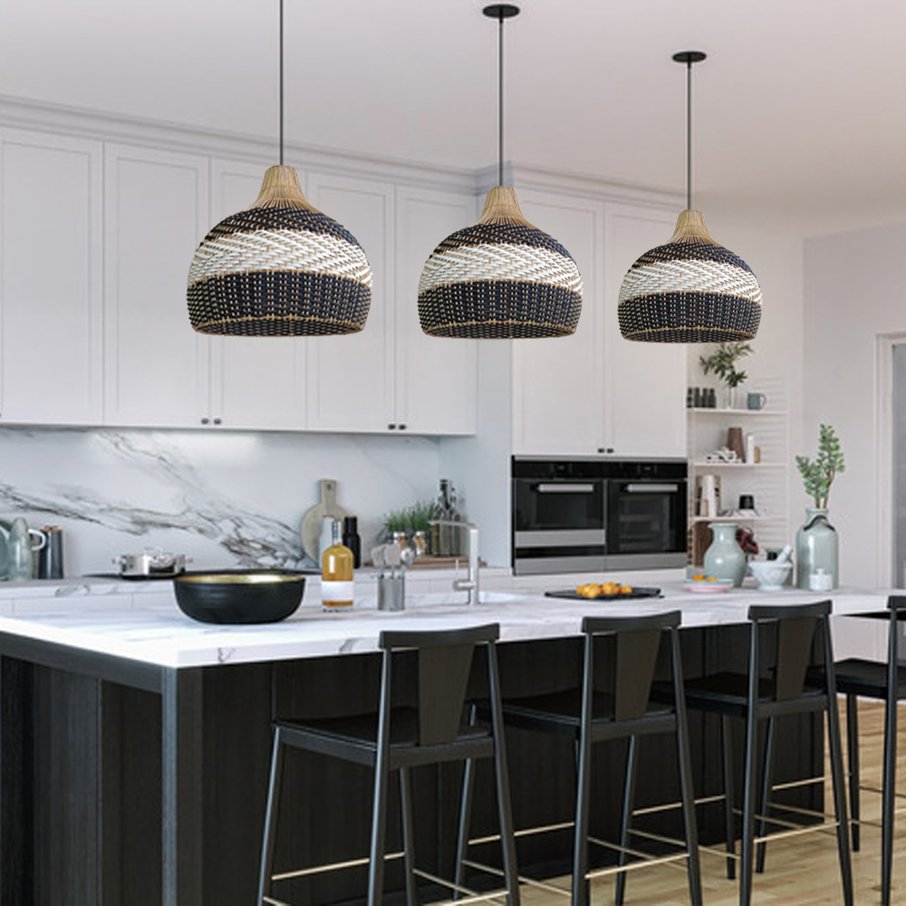 Sophisticated Black and White Rattan Pendant Light Interior Kitchen Island Design