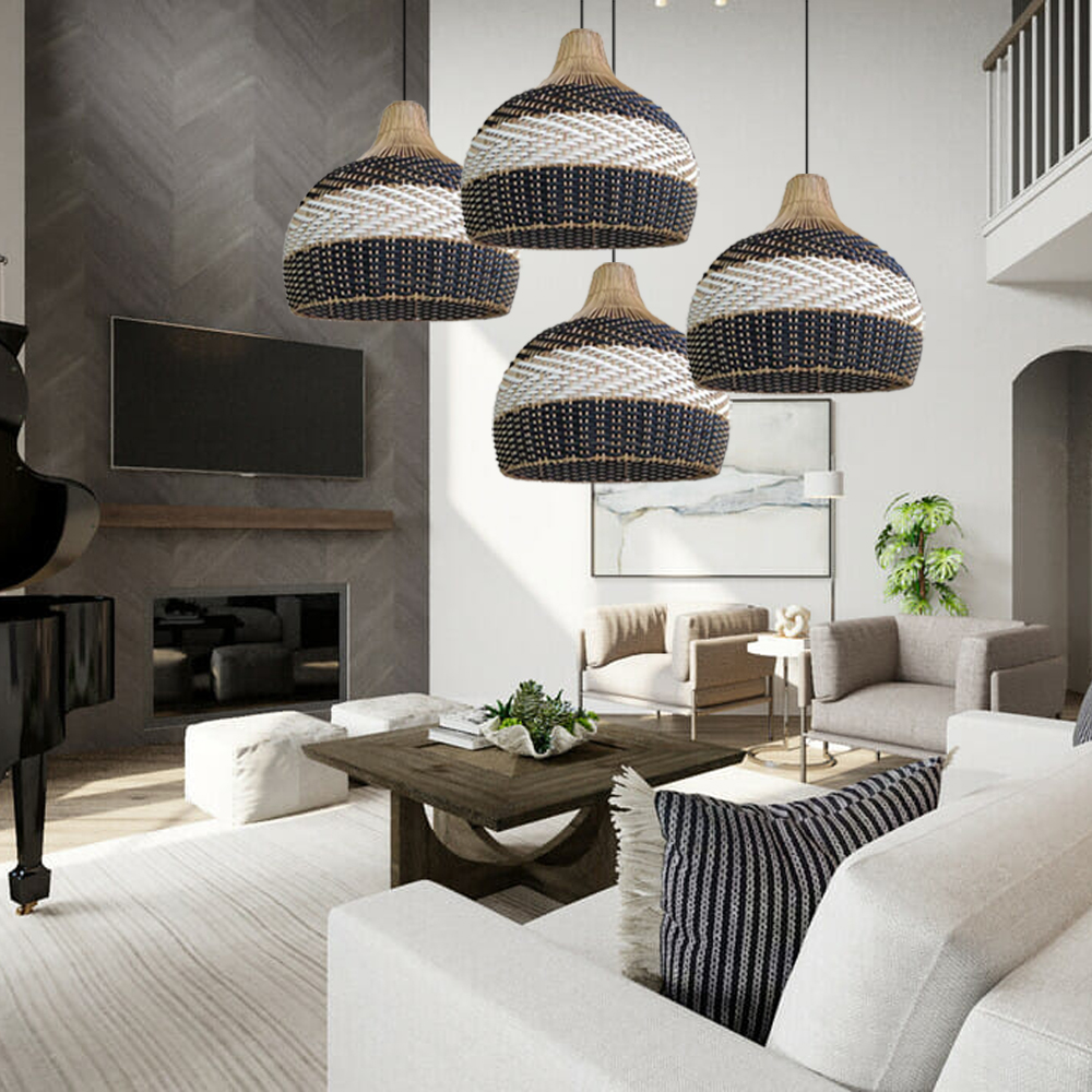 Kitchen Island Rattan Hanging Pendant Light Black and White Chandelier