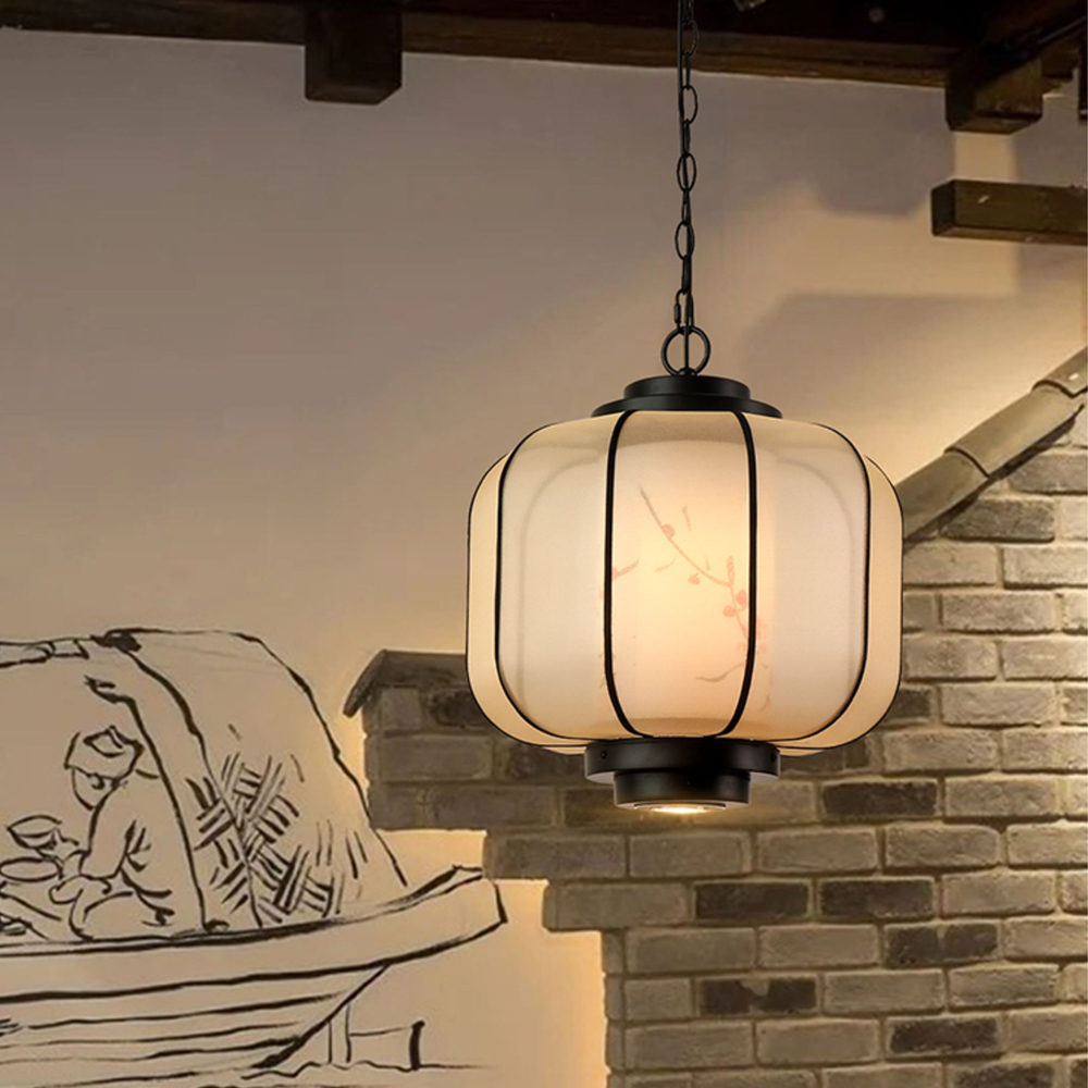 Antique Restaurant Lantern Pendant Light Fabric Decorative Lamp With Spotlights