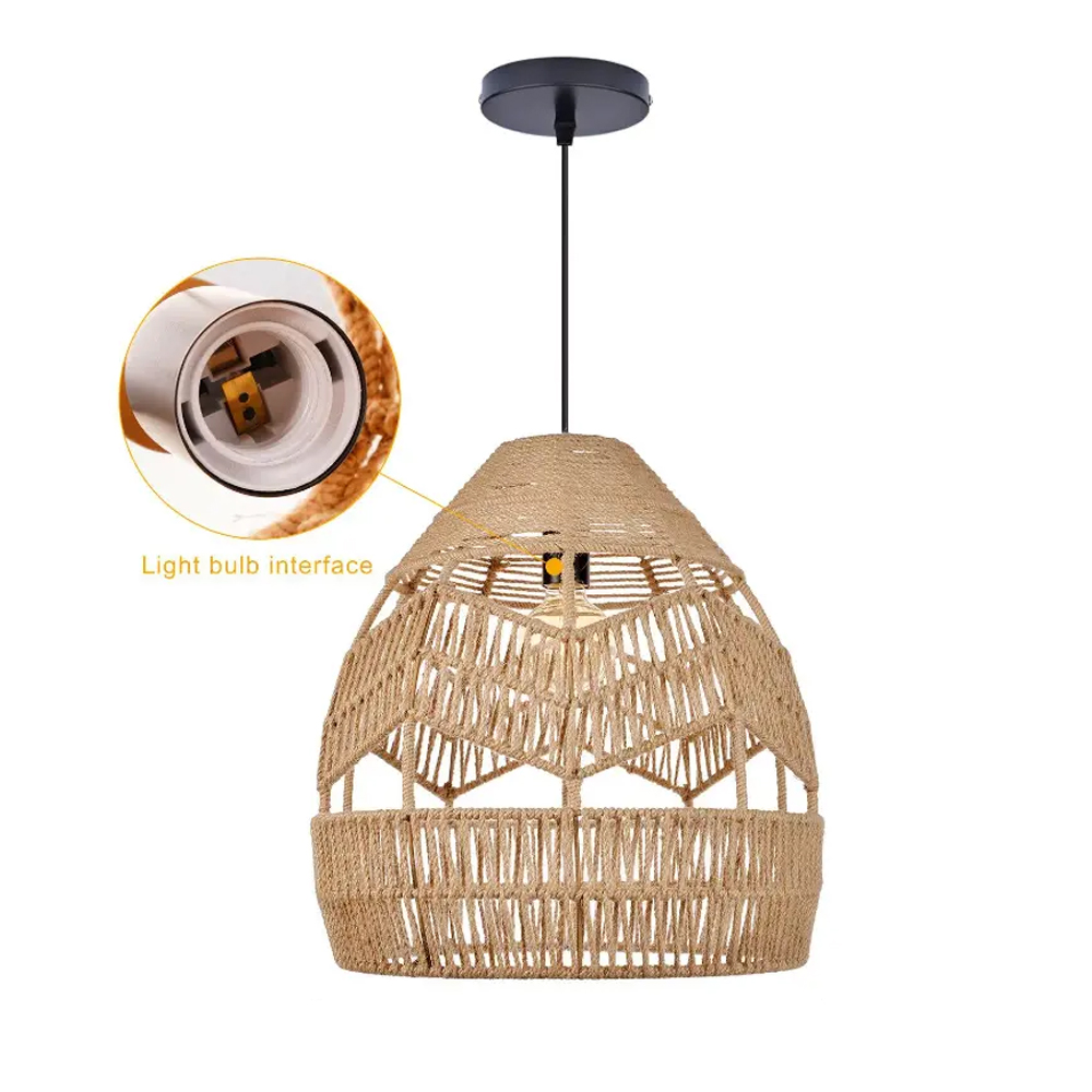 Boho Kitchen Island Black Pendant Light Handwoven Rope Hanging Lamp Shade