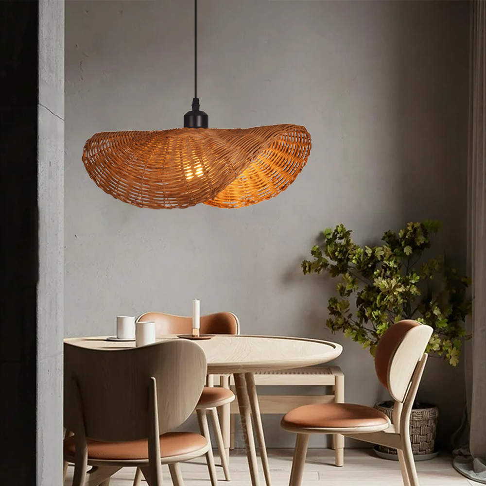 Hat-shaped Rattan Chandelier Wabi Sabi Style Dining Room Wicker Pendant Light Shade