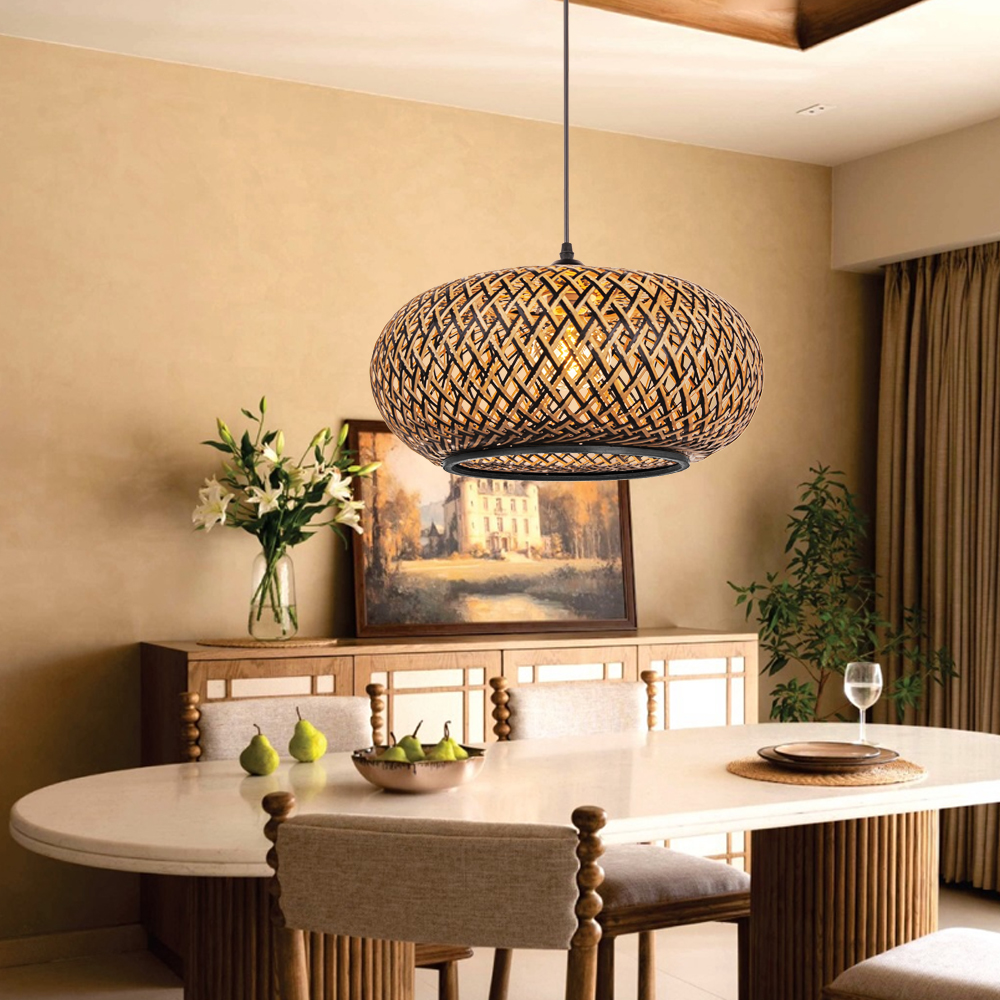 Black Bamboo Woven Lantern Pendant Light for Dining Room