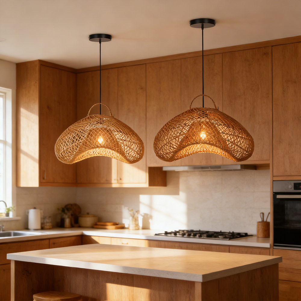 Natural Dark Wicker Rattan Pendant Light Unique Kitchen Island Chandelier