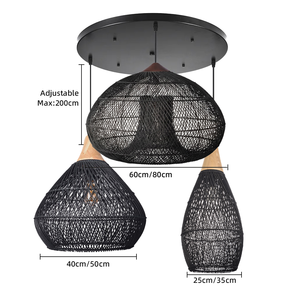 Wabi-Sabi Style Rattan Pendant Light for Living Room Round Base Three-Light Design