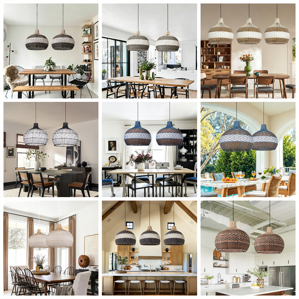 Coastal Farmhouse Dome Rattan Pendant Light Boho Basket Weaving Lighting Fixture for Dining Room