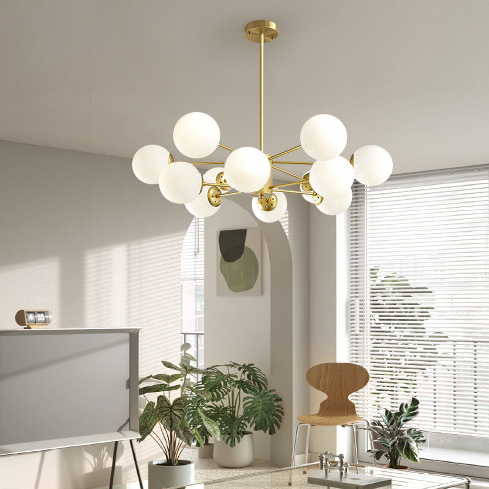 Nordic Modern Copper Chandelier Milky White Bubble Ceiling Light For Living Room Bedroom