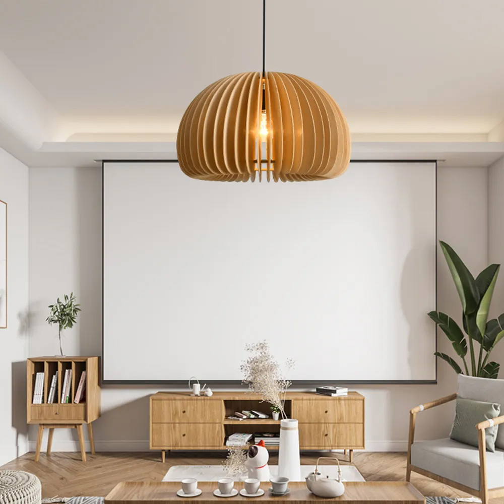 Japanese Retro Pumpkin Lantern Living Room Chandelier Wooden Pendant Lamp