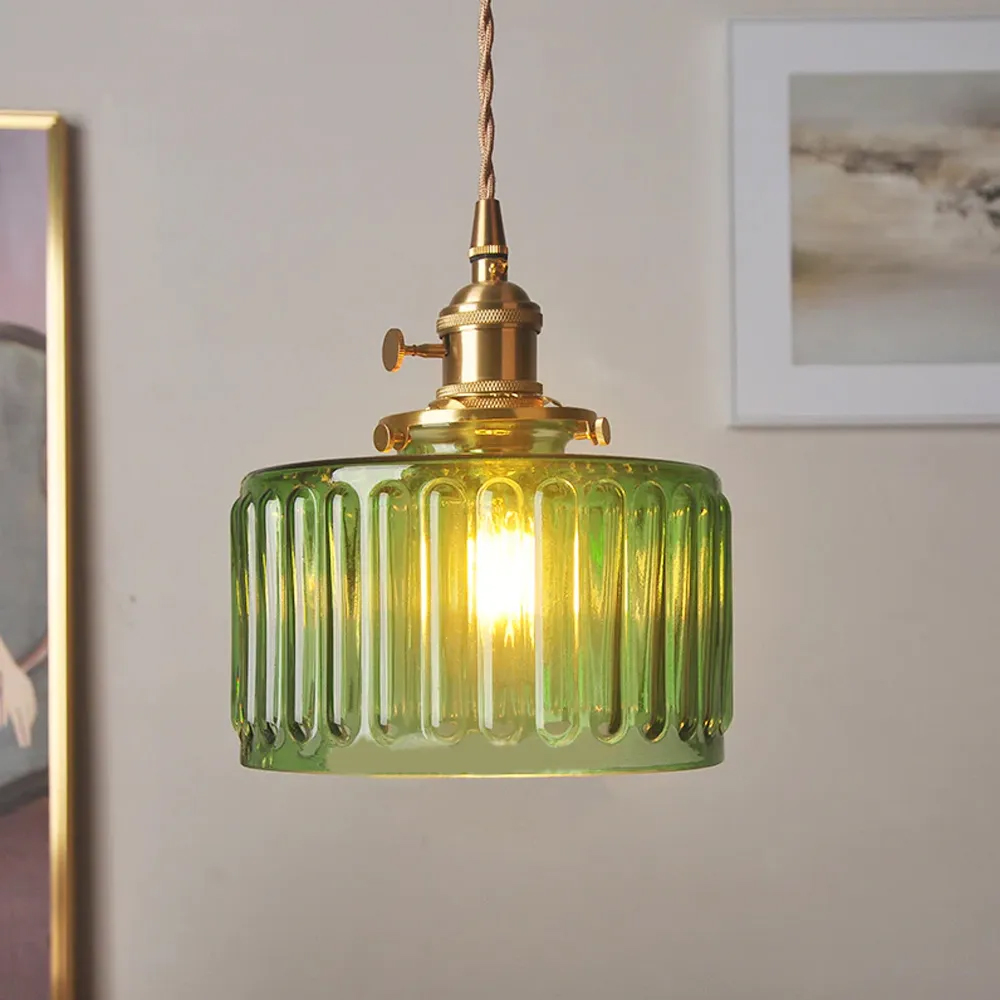 French Retro Brass Glass Chandelier Dining Room Single Head Small Pendant Lamp