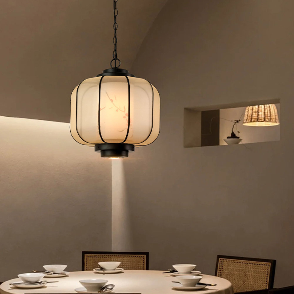 Antique Restaurant Lantern Pendant Light Fabric Decorative Lamp With Spotlights