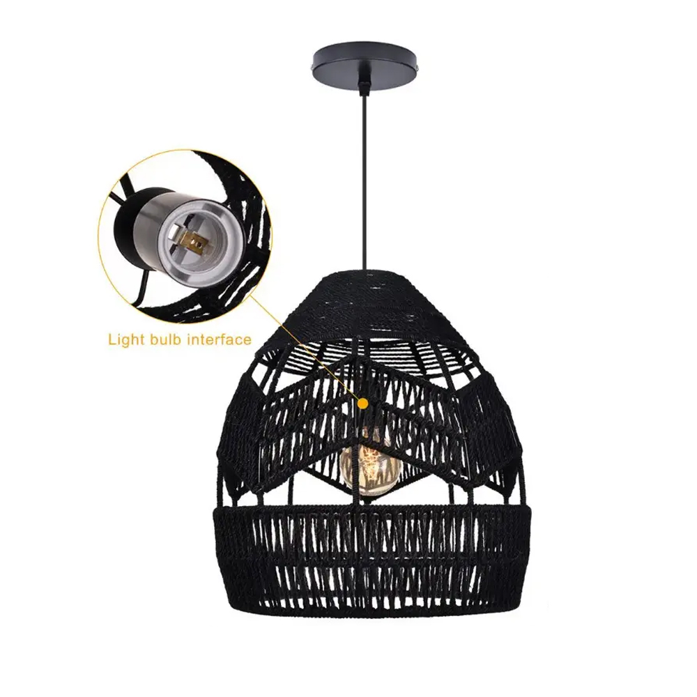 Boho Kitchen Island Black Pendant Light Handwoven Rope Hanging Lamp Shade