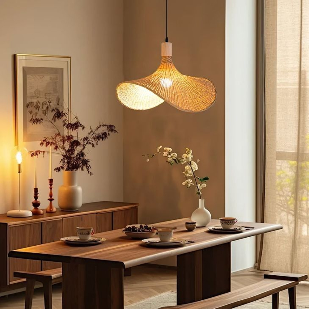 Coastal Living Room Bamboo Woven Pendant Light Japanese Homestay Straw Hat Lamp