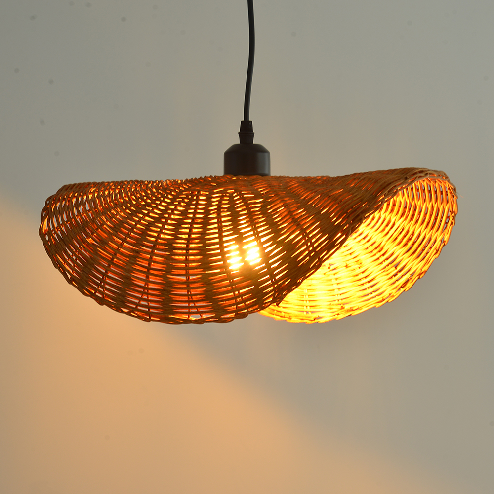 Hat-shaped Rattan Chandelier Wabi Sabi Style Dining Room Wicker Pendant Light Shade