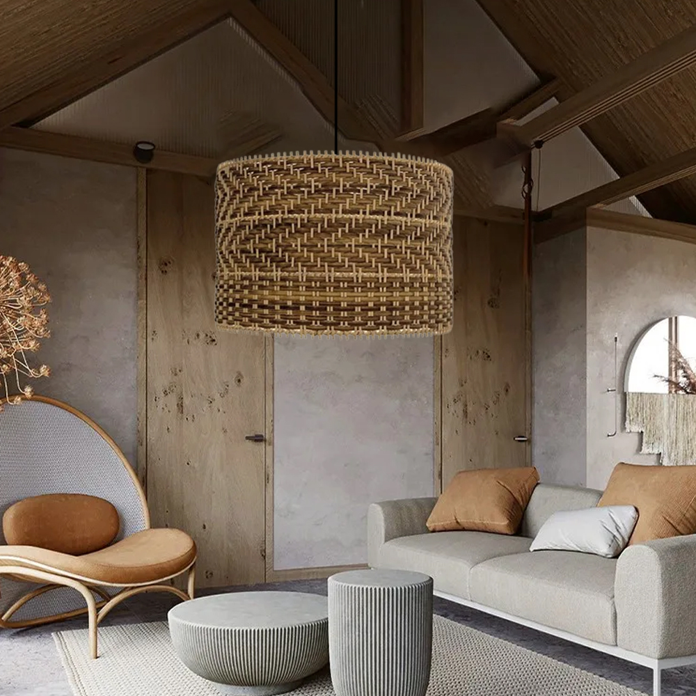Handwoven Drum Shape Rattan Pendant Light for Kitchen Islands