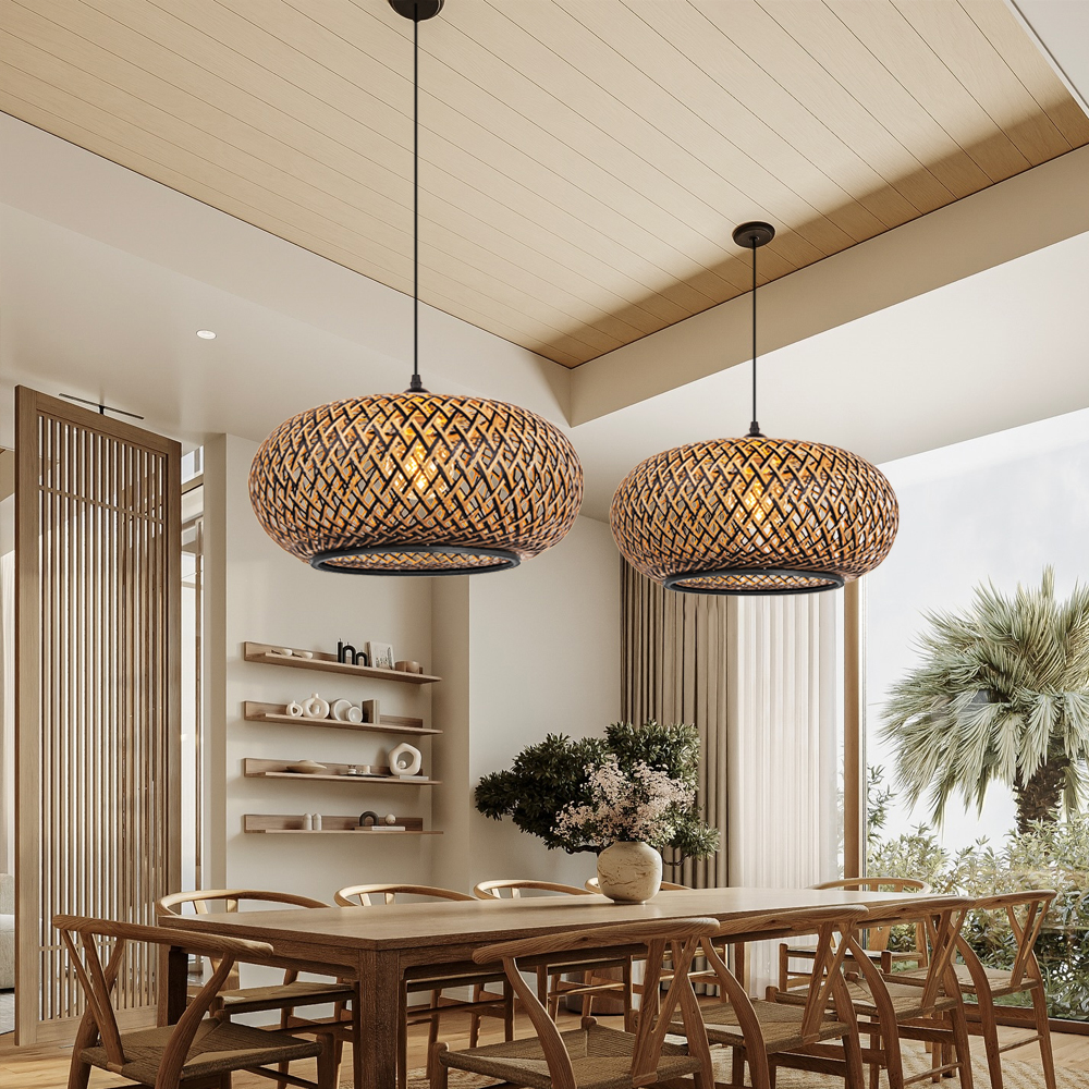 Black Bamboo Woven Lantern Pendant Light for Dining Room