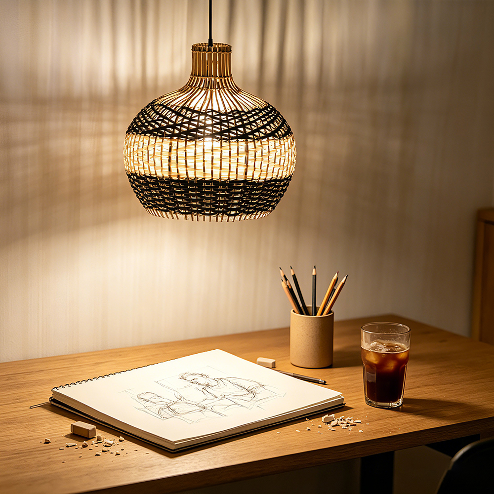 Sophisticated Black and White Rattan Pendant Light Interior Kitchen Island Design
