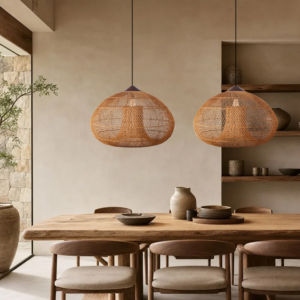 Wabi Sabi Style Retro Dining Room Chandelier Rattan Zen Pendant Light