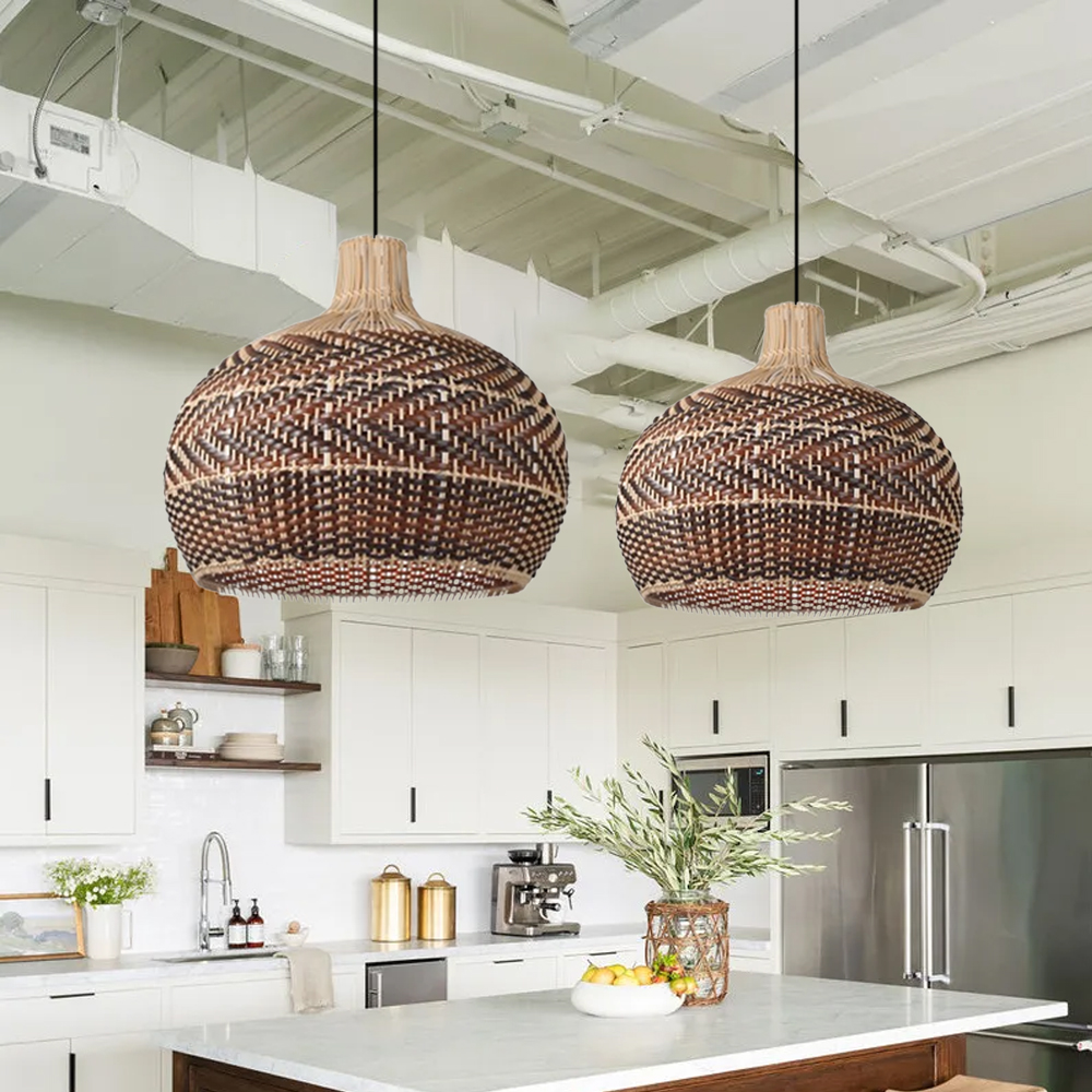 Coastal Farmhouse Dome Rattan Pendant Light Boho Basket Weaving Lighting Fixture for Dining Room