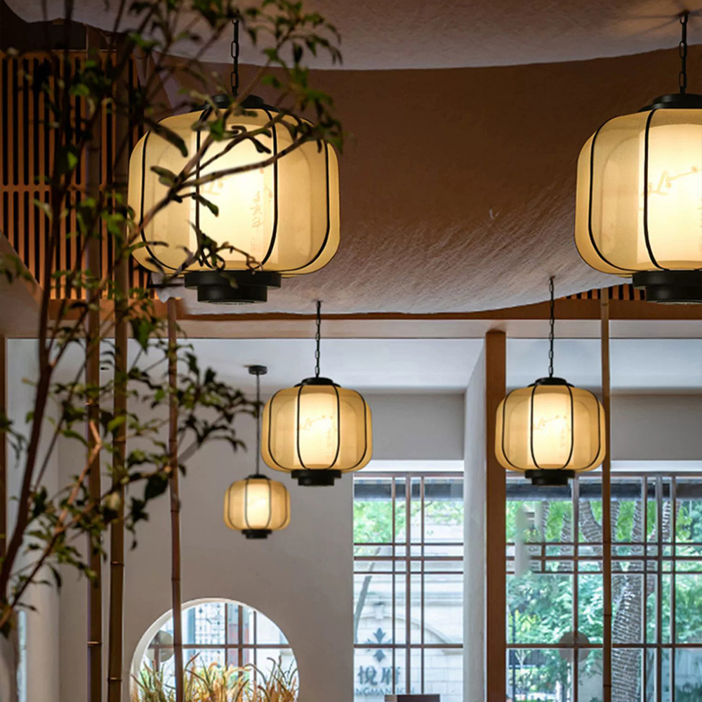 Antique Restaurant Lantern Pendant Light Fabric Decorative Lamp With Spotlights