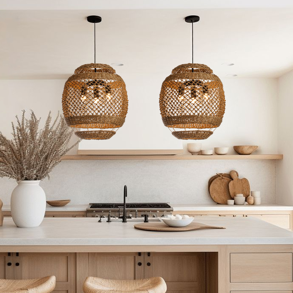 Minimal Furniture Handmade Seagrass Pendant Light Dining Studio 3-light Wabi-sabi Lamp