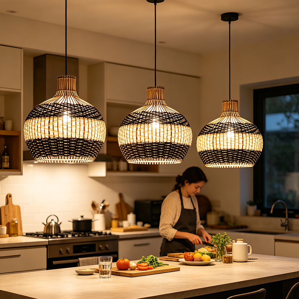 Sophisticated Black and White Rattan Pendant Light Interior Kitchen Island Design