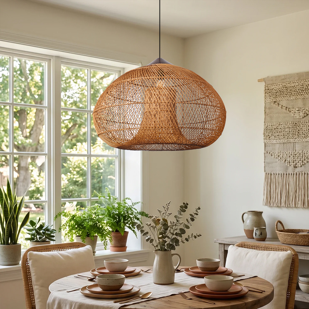 Wabi Sabi Style Retro Dining Room Chandelier Rattan Zen Pendant Light