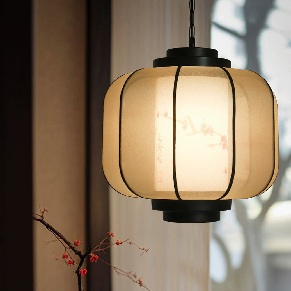 Antique Restaurant Lantern Pendant Light Fabric Decorative Lamp With Spotlights
