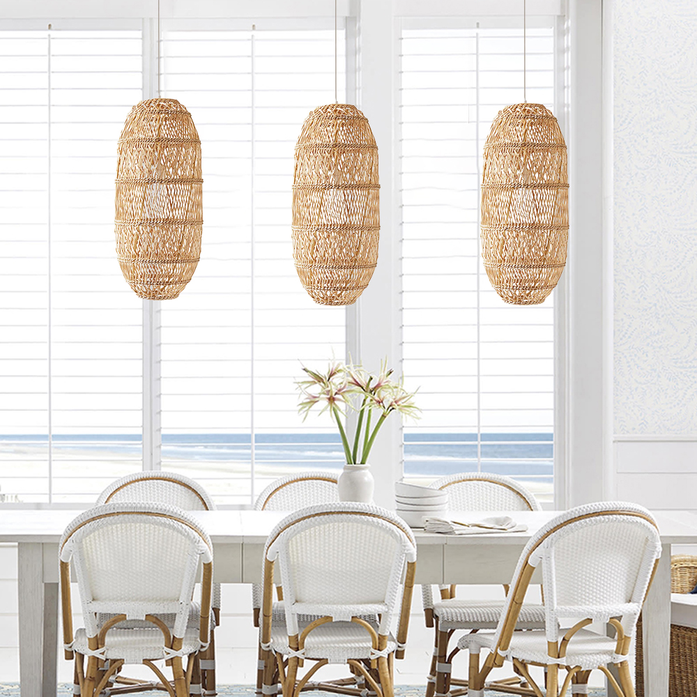 Boho Coastal Luxe Rattan Wicker Pendant Light Modern Farmhouse Lampshade for Sustainable Decor