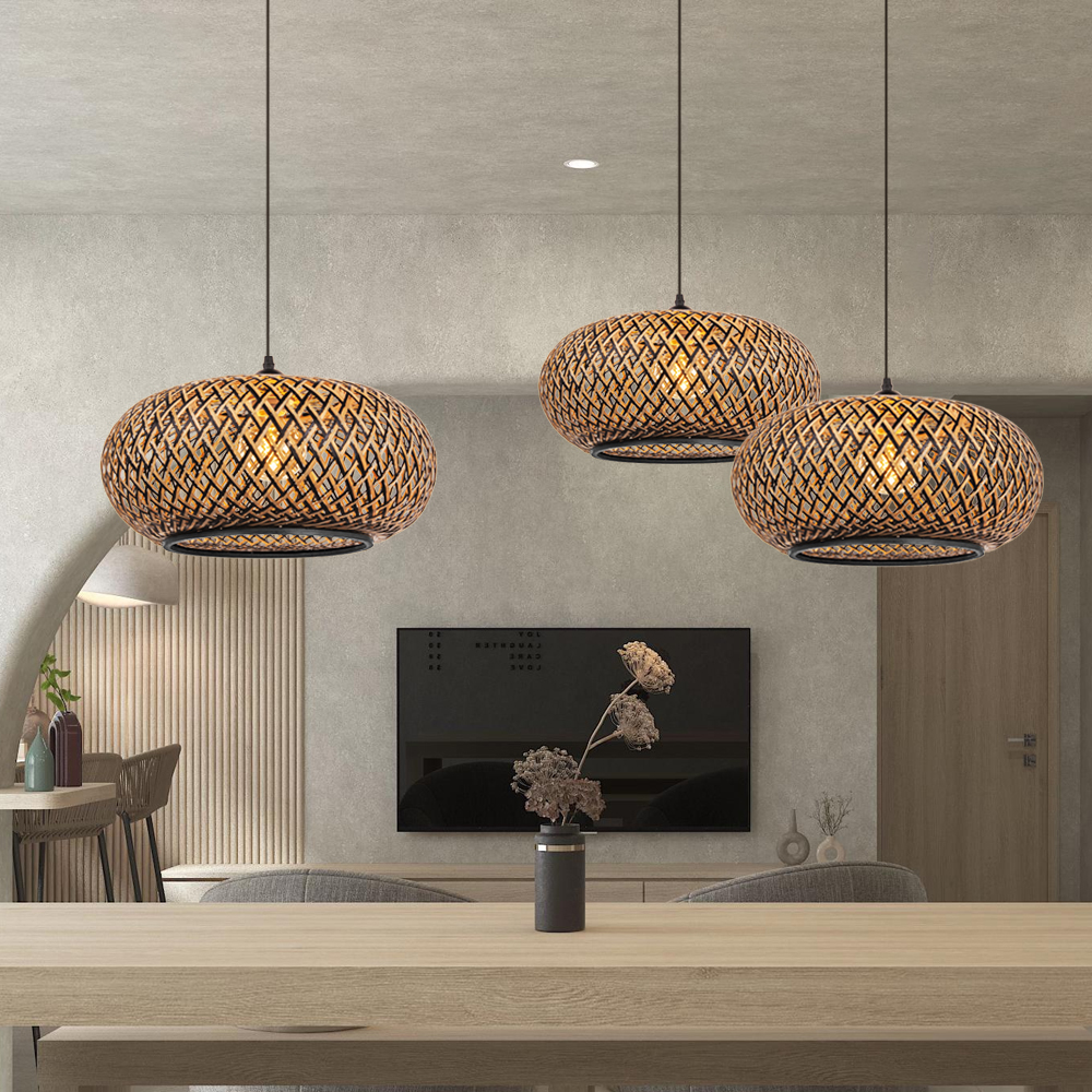 Black Bamboo Woven Lantern Pendant Light for Dining Room