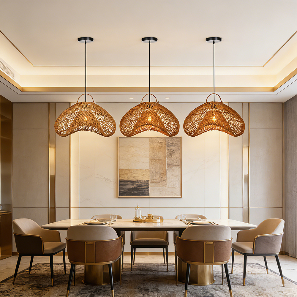 Natural Dark Wicker Rattan Pendant Light Unique Kitchen Island Chandelier