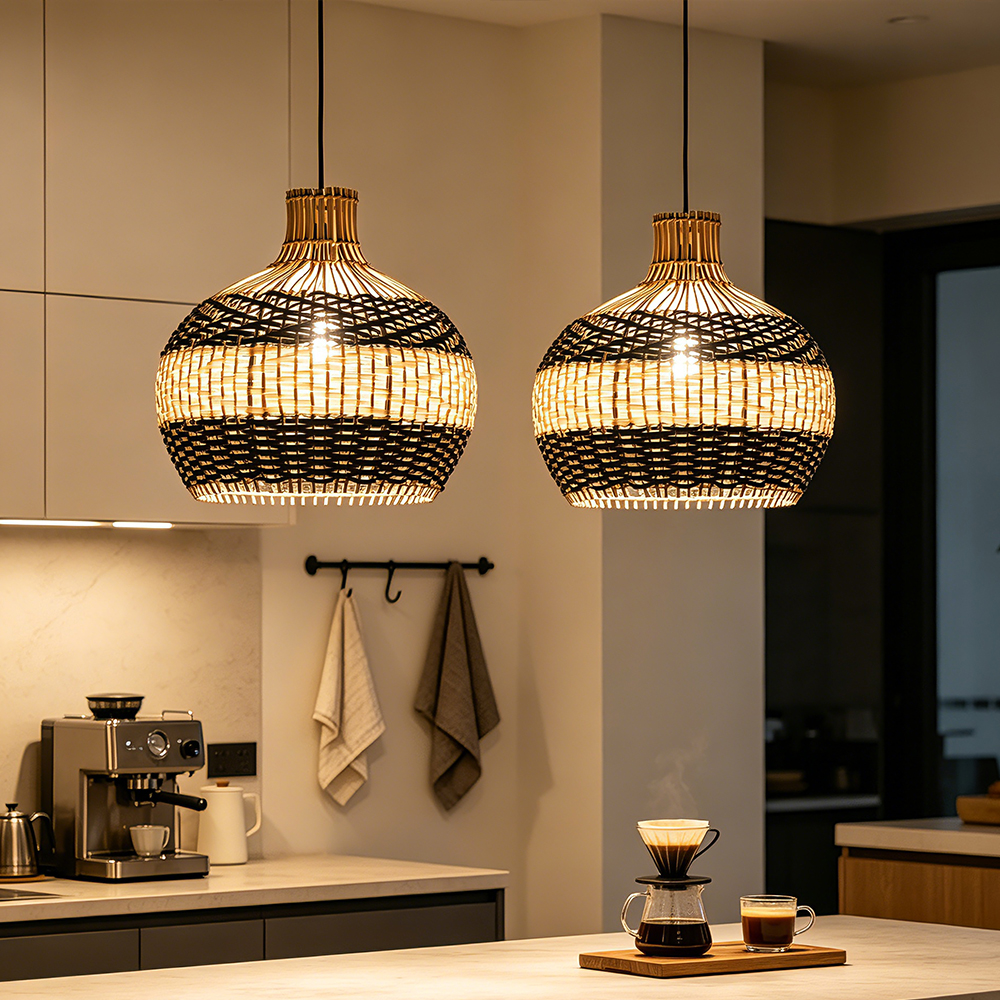 Sophisticated Black and White Rattan Pendant Light Interior Kitchen Island Design