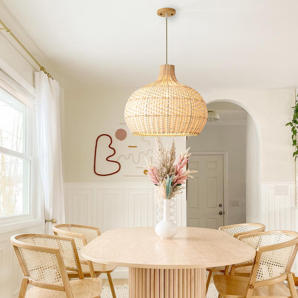 Coastal Farmhouse Dome Rattan Pendant Light Boho Basket Weaving Lighting Fixture for Dining Room