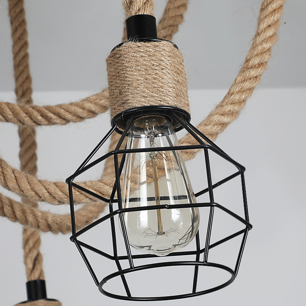 Spherical Cage Rope 6-Lights Brown Pendant Lighting Fixture