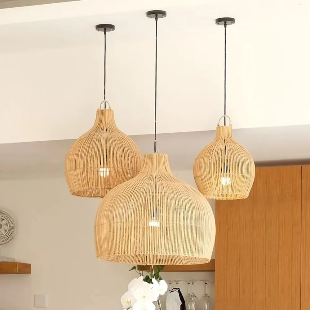 Nordic Kitchen Rattan Bamboo Pendant Light Handwoven Dining Room Hanging Lamp Shade