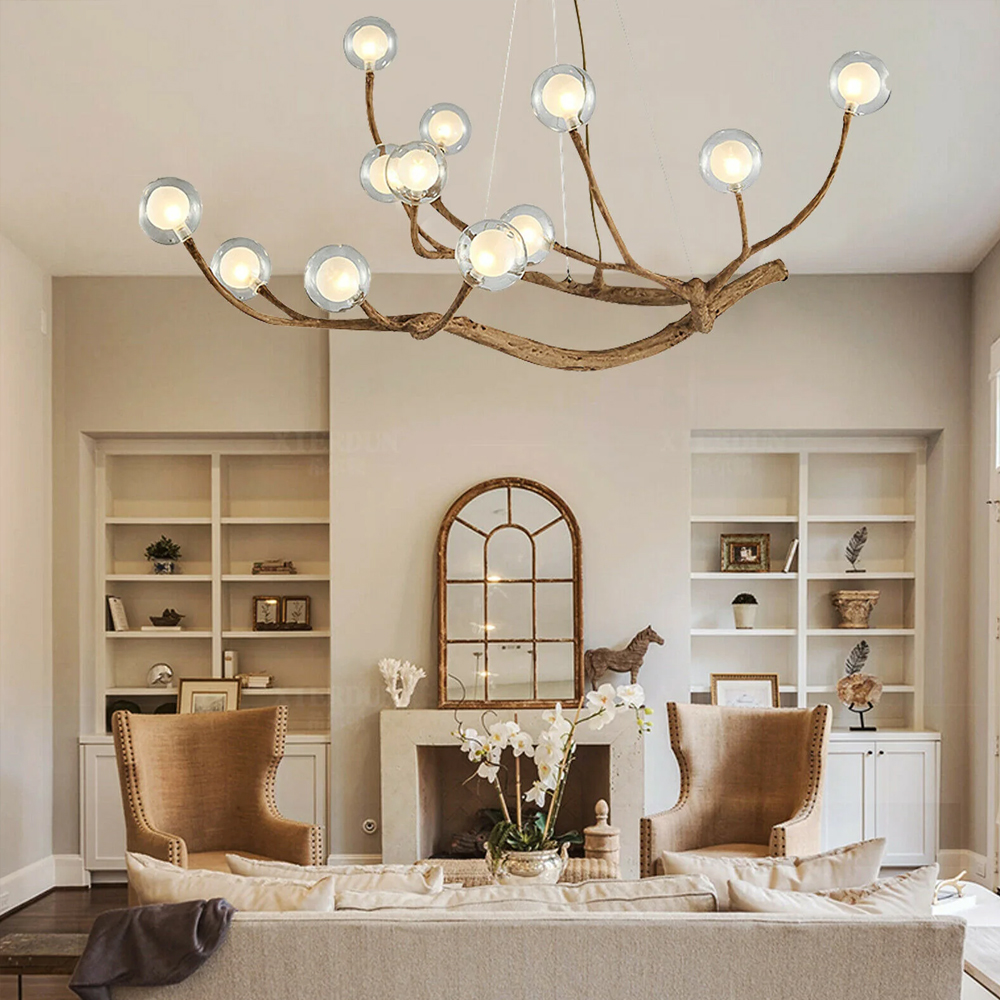 Nordic Rustic Tree Branch Hanging Chandelier with Bubble Glass lighting