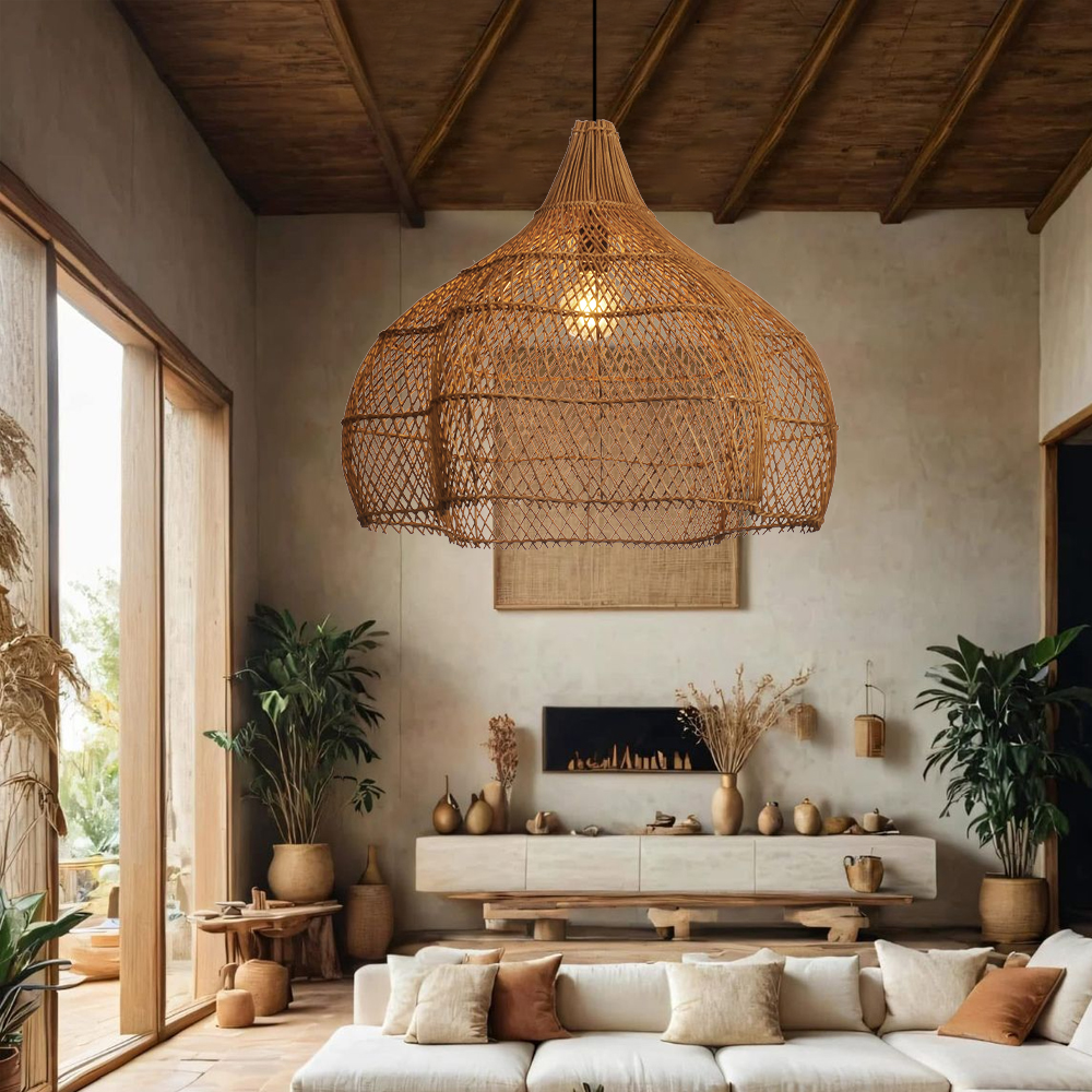 Living Room Rattan Pendant Light Wabi Sabi Wicker Chandelier