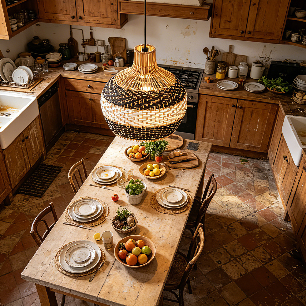 Sophisticated Black and White Rattan Pendant Light Interior Kitchen Island Design