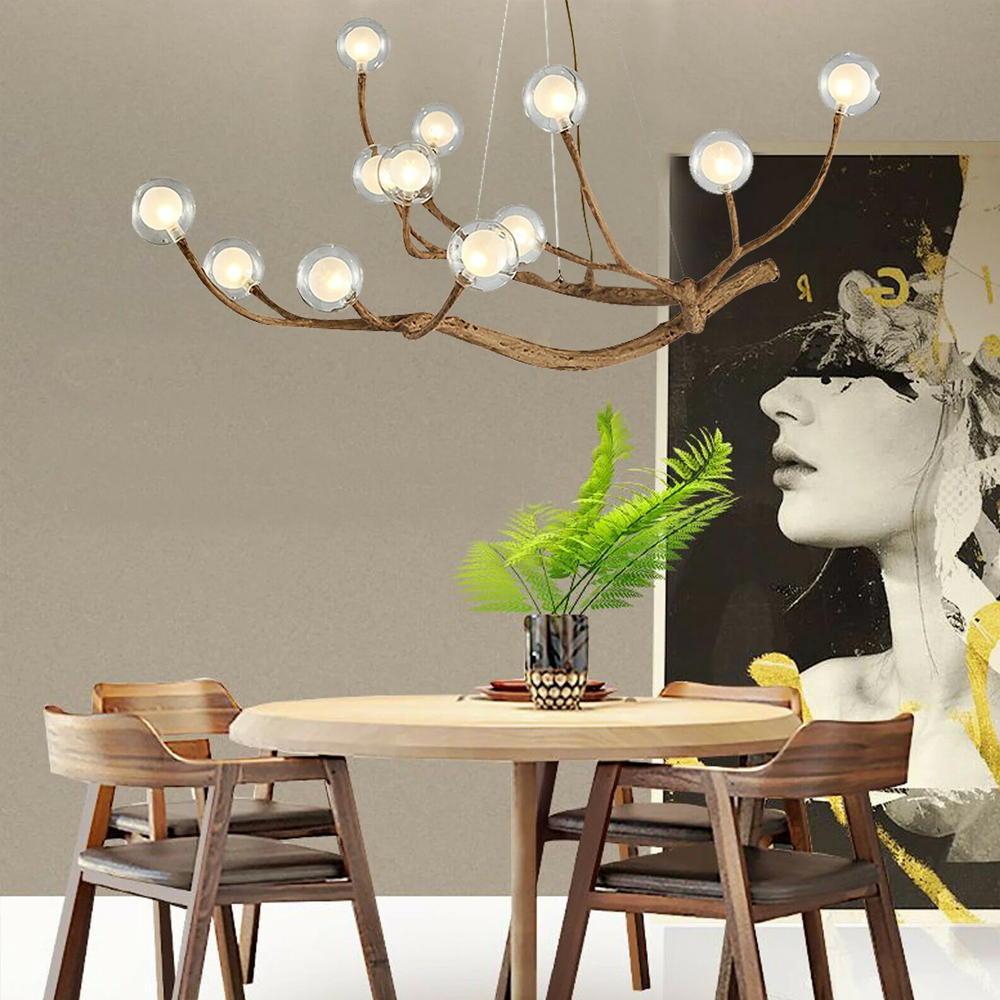 Nordic Rustic Tree Branch Hanging Chandelier with Bubble Glass lighting