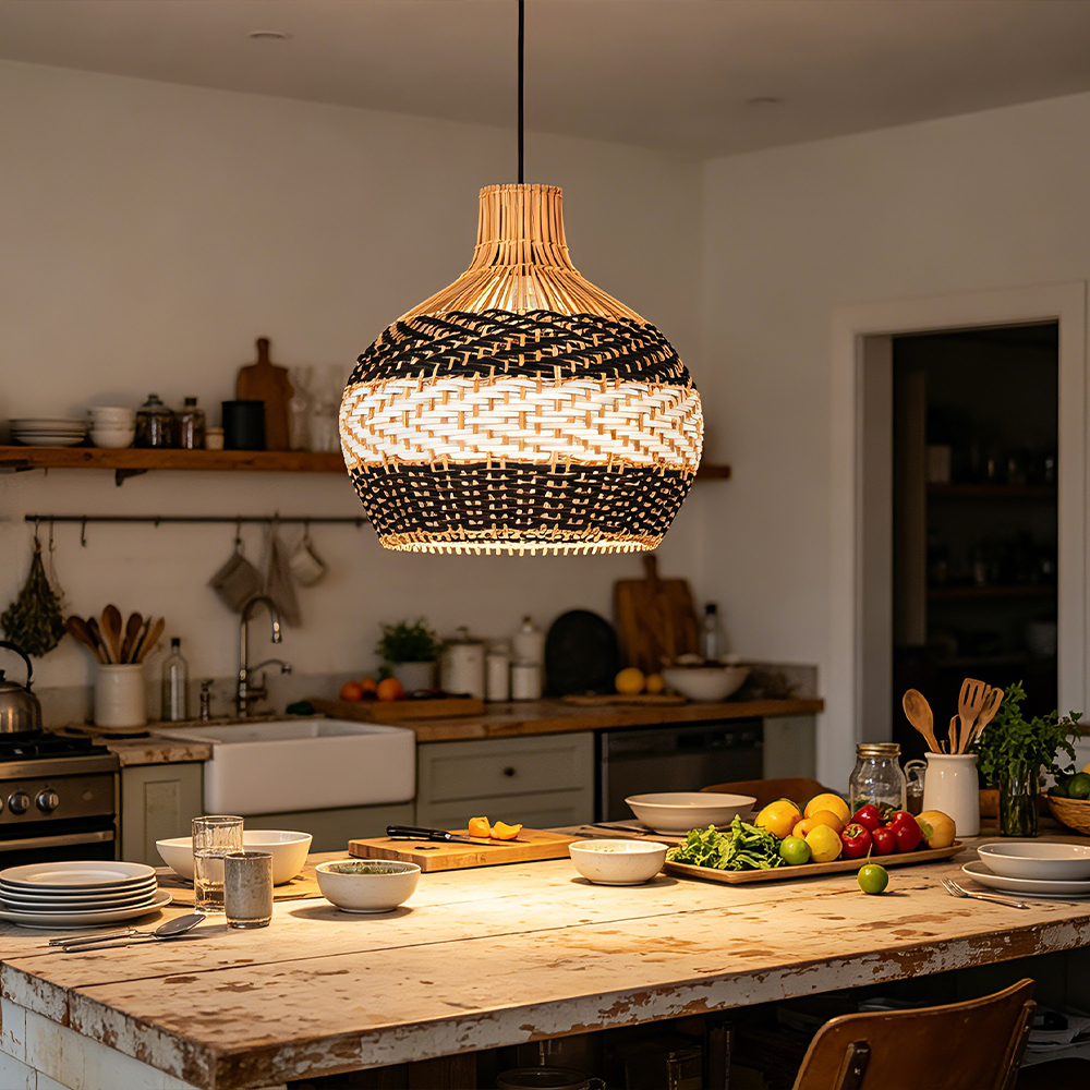 Sophisticated Black and White Rattan Pendant Light Interior Kitchen Island Design