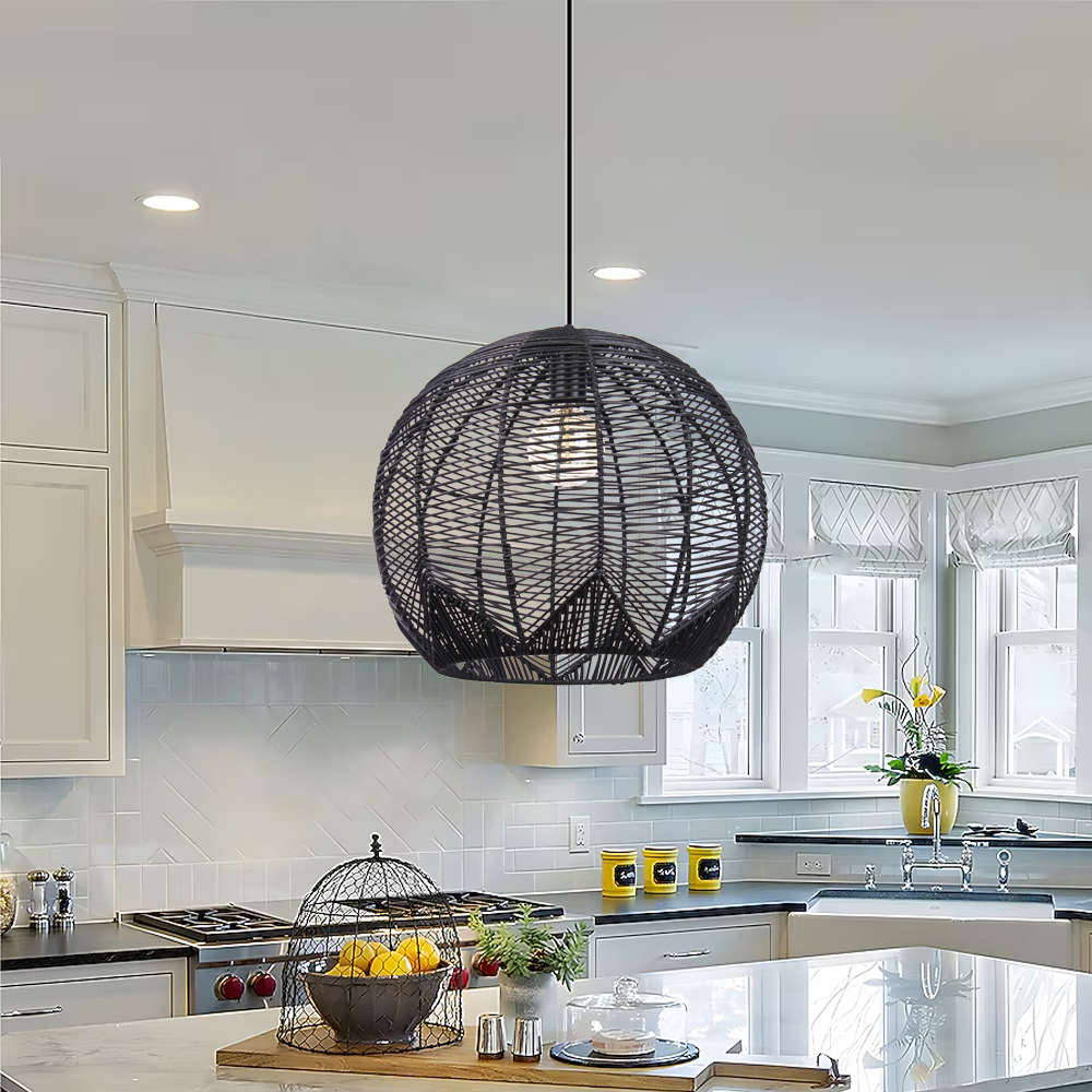 Artisan Knitted Lighting Handmade Black Rattan Pendant for Dining Room