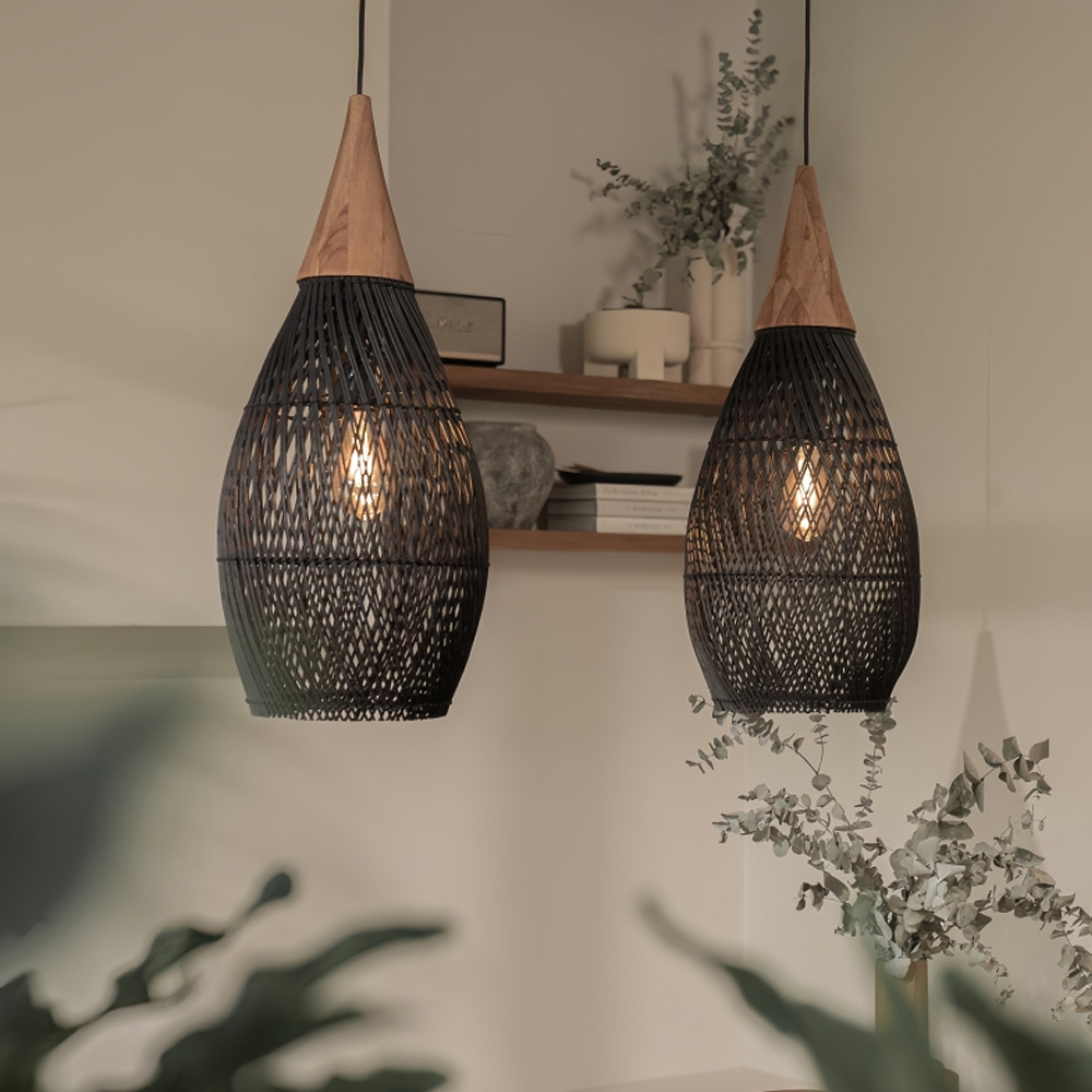 Rattan Wood Hanging Lamp Farmhouse Vintage Living Room Water Drop Chandelier