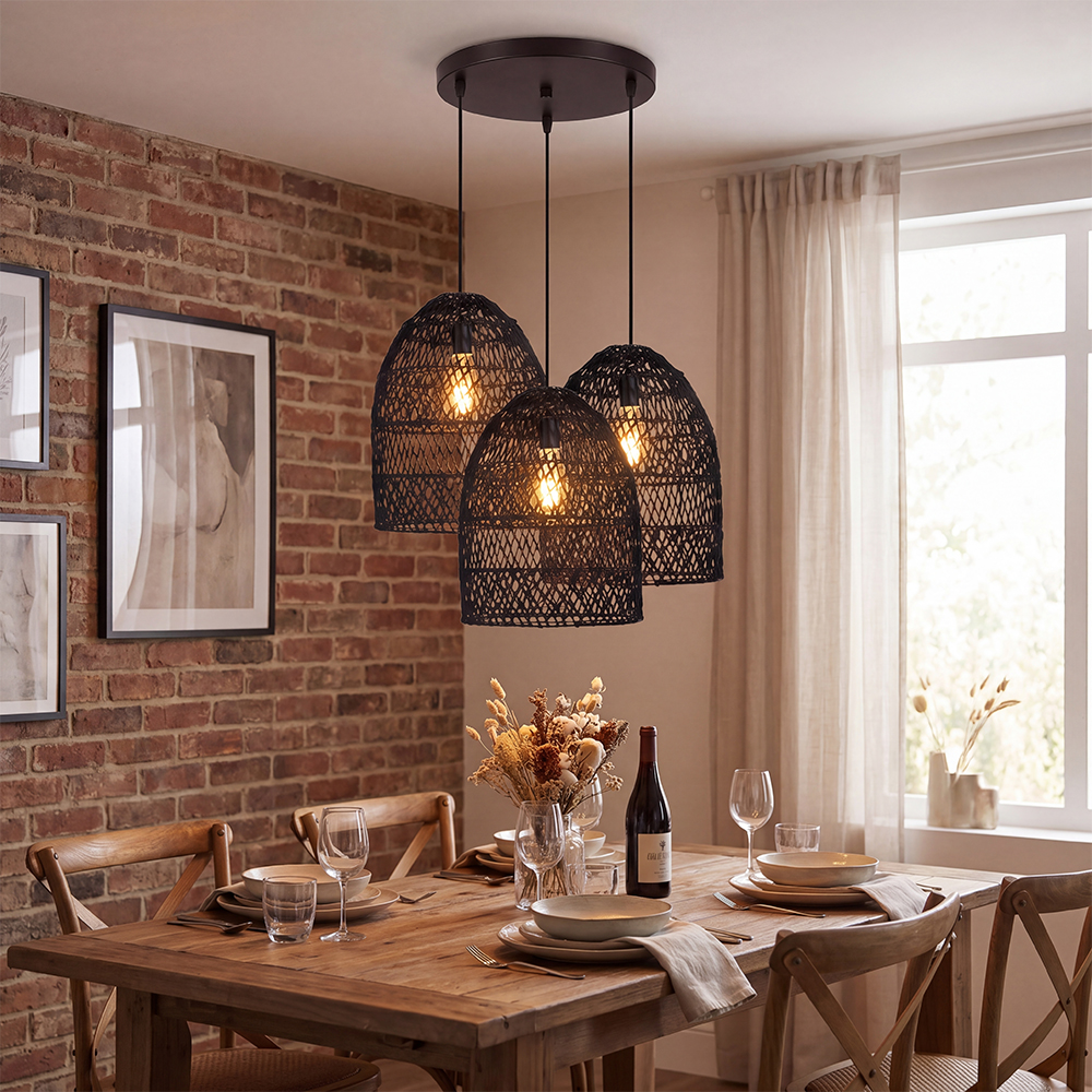 Intricate Black Rattan Lattice Light Artistic Hanging Shade for Dining Room