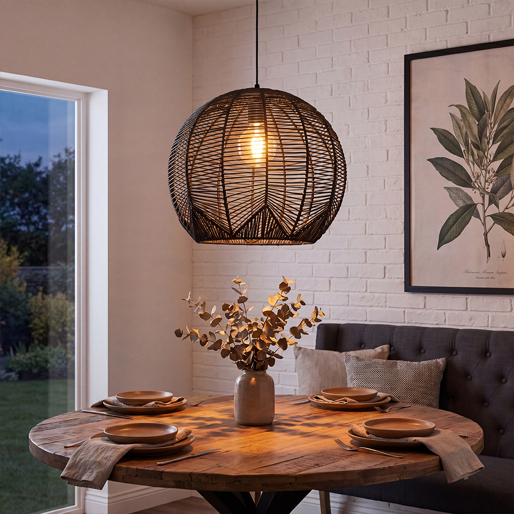 Artisan Knitted Lighting Handmade Black Rattan Pendant for Dining Room