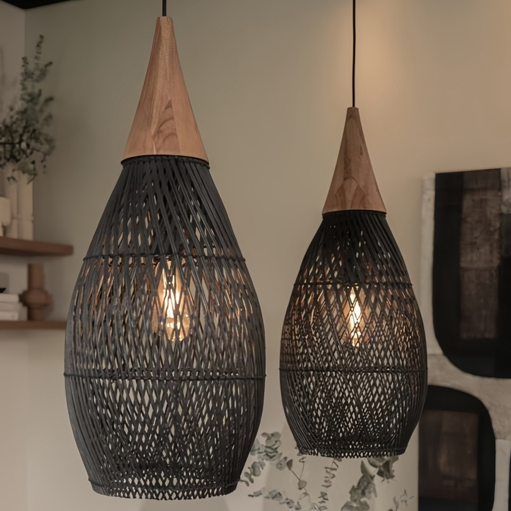 Rattan Wood Hanging Lamp Farmhouse Vintage Living Room Water Drop Chandelier