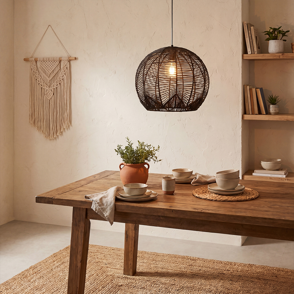 Artisan Knitted Lighting Handmade Black Rattan Pendant for Dining Room