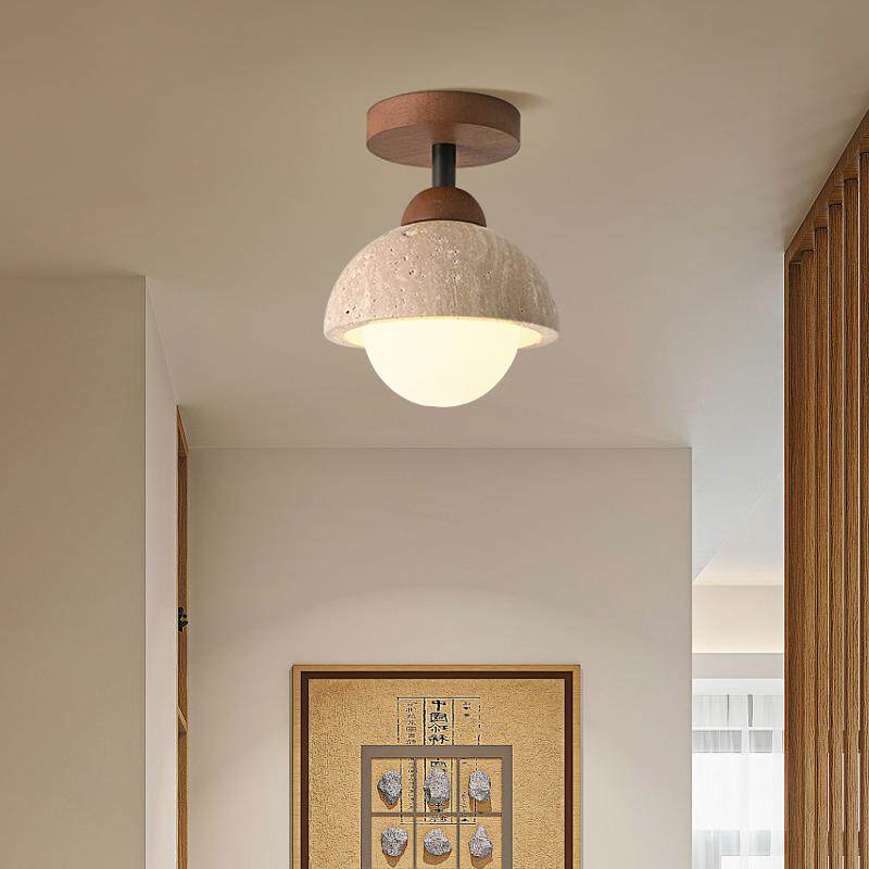 Japanese Mid-Century Retro Yellow Travertine Mini Ceiling Light Entryway Hallways Flush Mount Lamp