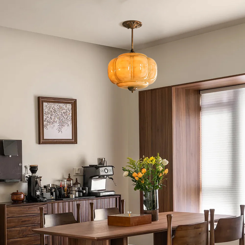 Medieval Vintage Entrance Flush Mount Lamp Simple Pumpkin Glass Pendant Light