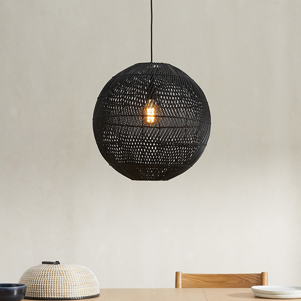 Black Lantern Pendant Lamp Rattan Chandelier Light for Kitchen