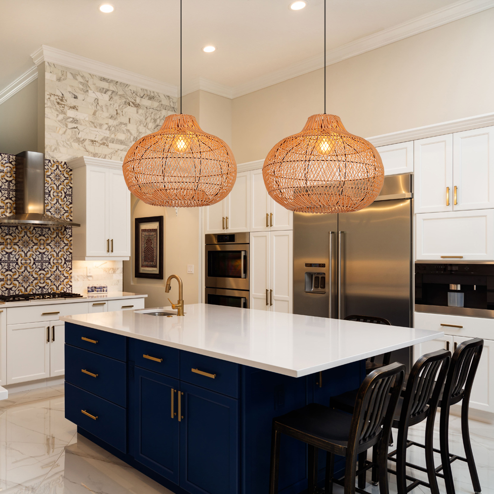 Modern Rattan Wicker Chandelier Adjustable E26 Hanging Lamp for Living Room Dining Room