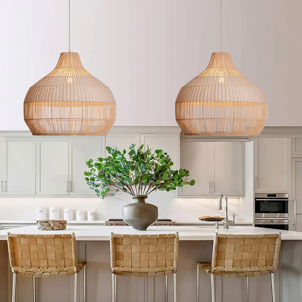 Rustic Rattan Pendant Light White Hanging Chandelier for Dining Room